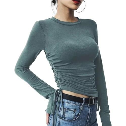 Womens Fall Shirt Long Sleeve Ruched Tank Tops Wrapped Elastic Drawstring Cropped Top Casual Party Pleated Lace-up Clothes