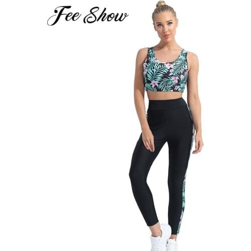 Womens Summer Gym Workout Running Sets Printed Sportswear Criss-Cross Back Mesh Padded Bra Top with Stretchy Leggings 2Pcs Suit