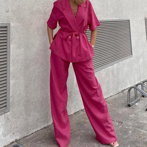 Dark Pink Trousers Suit Women Lace-Up Sashes Half Sleeve Zip Blazers And Wide Pants Oversized Suit Pantsuits 2 Piece
