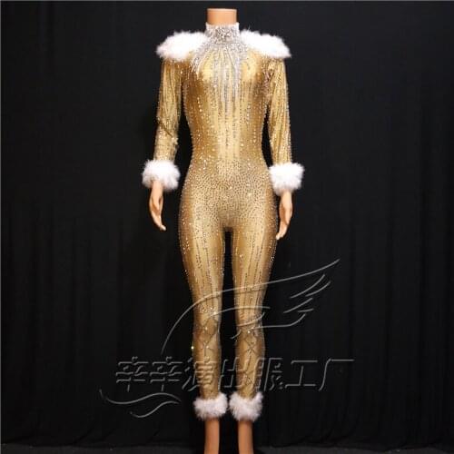 2020 Women New Champagne Gold Shining Rhinestones Feathers Sexy Jumpsuit Female Crystals Leotard Stage Wear Performance Jumpsuit