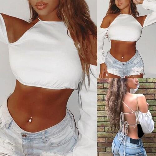 Womens Fashion Halter Neck Exposed Back Tied Rope Hollow Long Sleeve Short Tops White