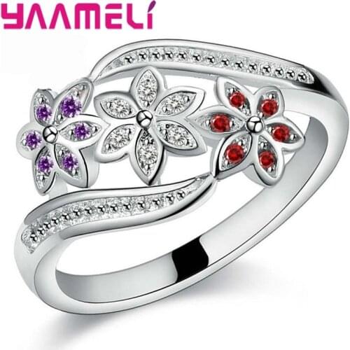Elegance Three Color CZ Crystal Flower Ring Women Girls Fashion 925 Sterling Silver Ring Wedding Lady Jewelry