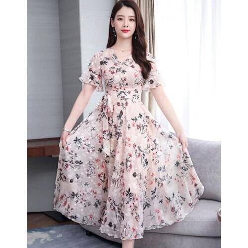 2021 Mori Girl Sweet Summer Dress Women Floral Print Long Chiffon Dress Female Short Sleeve Pleated Vestidos Korean Dress
