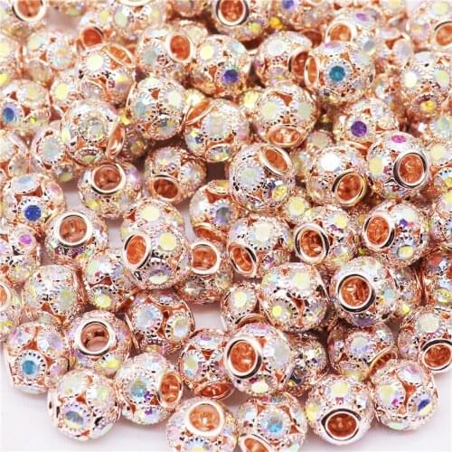 10Pcs Light Gold Brass Colorful Crystal Large Hole European Spacer Beads Round Ball Murano Charms for Women DIY Bracelet Jewelry