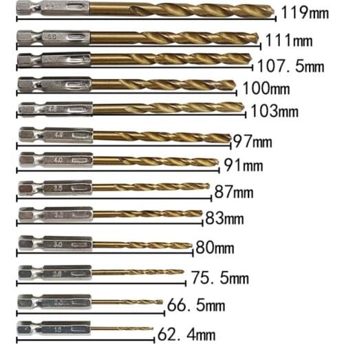 13PCS/SET 1.5-6.5MM HSS High Speed Steel Titanium Coated 1/4 Hex Shank Drilling Bit Set Tools