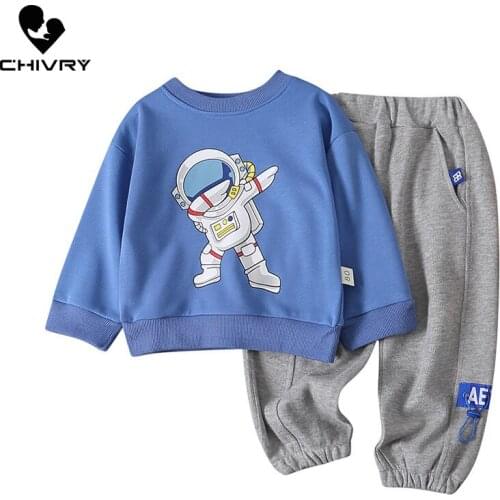 2Pcs Baby Boys Autumn Winter Fashion Cartoon Astronaut Pullover Hoodies Sweatshirt Tops with Long Pants Children Clothing Set