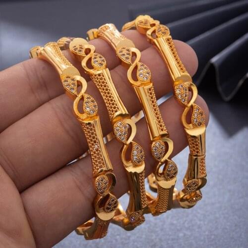 4pcs/Lot Trendy Dubai Ethiopian Rhinestone Gold Color Bangles For Women Girls Wife African Arab Ramadan Wedding Bracelet Jewelry
