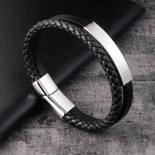 Punk Style Personality Men Jewelry Genuine Leather Bracelet Black Color Multi Layer Stainless Steel Accessories Gift
