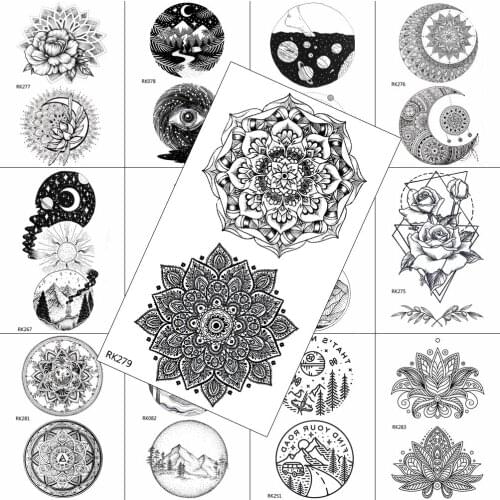 Black Geometric Henna Flower Temporary Tattoos Sticker Realistic Sheet Body Art Painting Wasit Tattoo For Women Waterpoof Tattoo