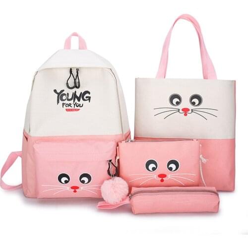 4pcs/Set Preppy Style Letter Printing Canvas Women Backpacks with Pencil Case Fashion Hit Color Large Capacity Travel Rucksack