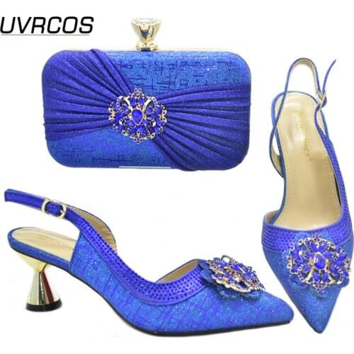 Italian Design Hot Selling Fashion Blue Color Women Shoes and Bag Set Decorated With Colorful Crystal and Streamer Modeling