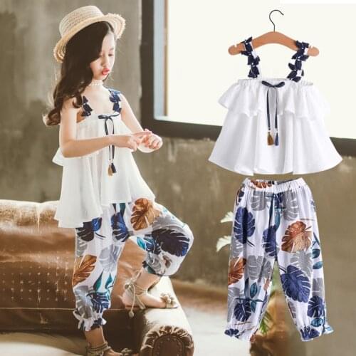 KEAIYOUHUO 2021 New Teenager Clothes Baby Kids Suits For Girls Sleeveless Tops Pants 2PCS Suits Flower Printed 3 to 12 Years