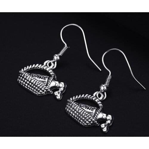 Trendy Vintage Wine Basket Antique Silver Plated Punk Hiphop Rock Style Retro Drop Earrings for Women Girl & Man Party Jewelry