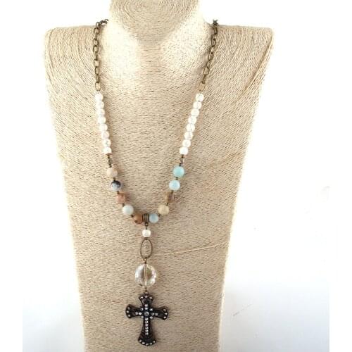MOODPC Fashion Jewelry Long Chain Stone and Glass link Crystal Cross Pendant Necklaces For Women Ethnic Necklace Dropship