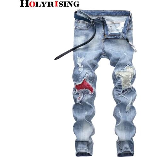 Men denim pant elastic jeans embroidery hole streetwear trend pockets washed straight light blue motorcycle biker trousers 19661