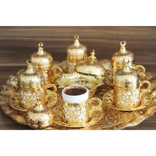 Coffee cup set with 6 person tray authentic pattern porcelain gold