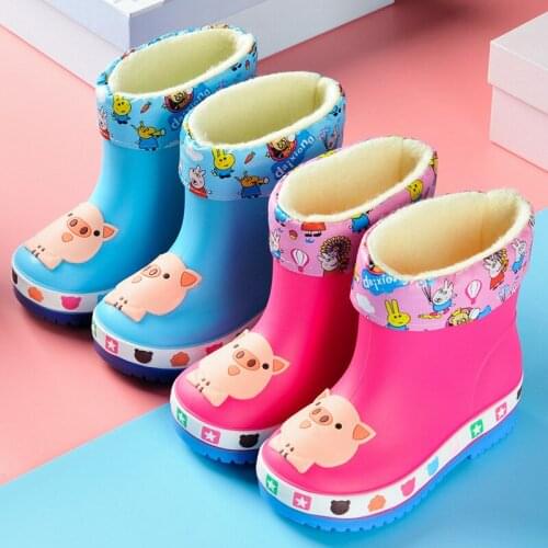 Cartoon Piggy Rain Boots for Boys and Girls Detachable Plus Velvet Children Water Shoes PVC Waterproof and Non-slip Kids Boots