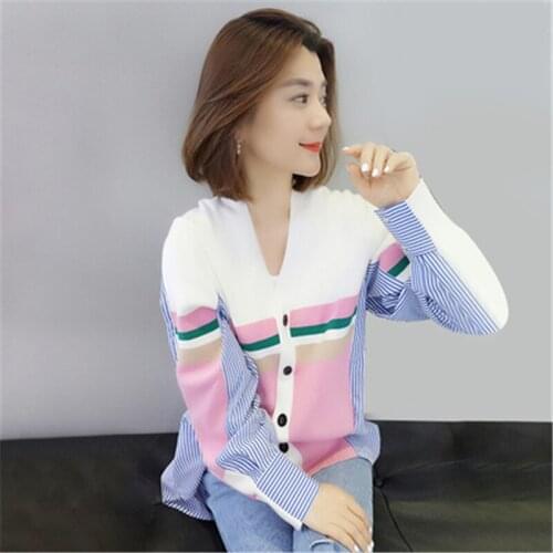 New Autumn Stripe Shirts Patchwork Sweaters Cardigan Casual Loose V-neck Office Lady Sweaters Jackets Mid-length Top