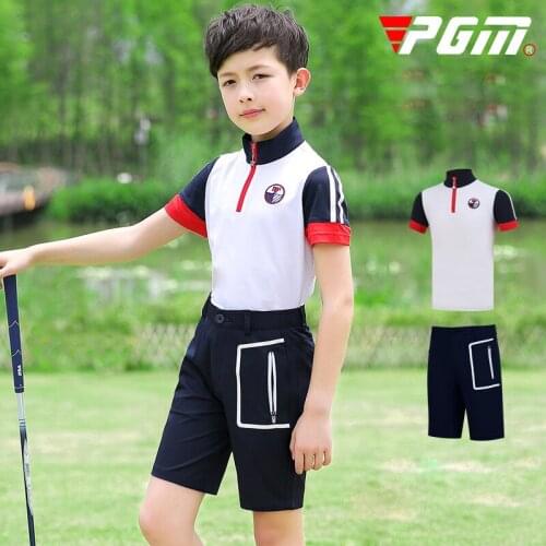 Pgm Boys Golf Clothes Sets Summer Breathable Short Sleeved T Shirt Zipper Pocket Shorts Children Quick-dry Golf Apparel D0783