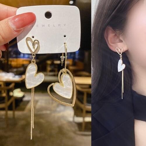 Romantic Asymmetrical Heart Tassel Pendant Drop Earrings for Women Girls Teens Korean Fashion Earrings 2021 Trend New Arrival