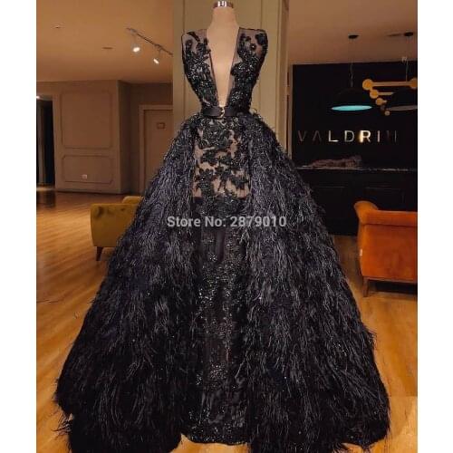 Sexy See Through Black V Neck Evening Dresses Sleeveless Floor Length Appliques Beaded Sash Ostrich Feather Formal Dress