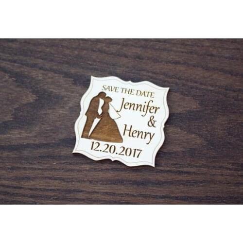 Wedding Favor, Wood Save the Date, Backyard Wedding Bride & Groom Kiss, Save the Date Magnets, Laser Engraved, Rustic Wedding