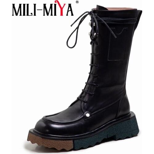 MILI-MIYA Hot Sale Brand Design Knight Mid-Calf Boots Women High Quality Leather Thick Bottom Anti-Slip Lace Up Handmade Shoes