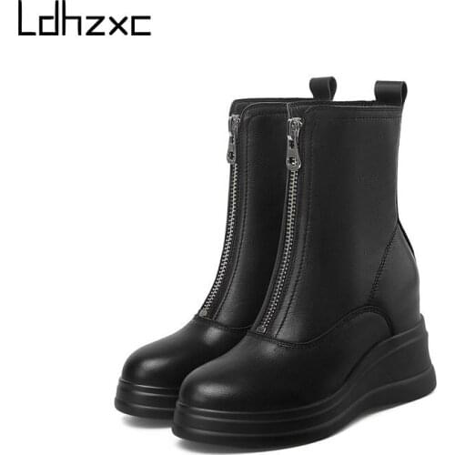 LDHZXC Classic Design Women Winter Boots Zipper Genuine Leather Platform High Heels Party Working Shoes Woman