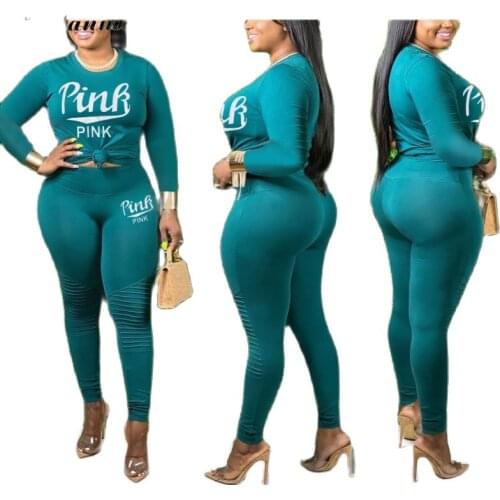Autumn Winter Two Piece Set Women Pink Letter Print Top and Leggings Matching Sets Causal Sport Women Tracksuit Outfit Plus Size