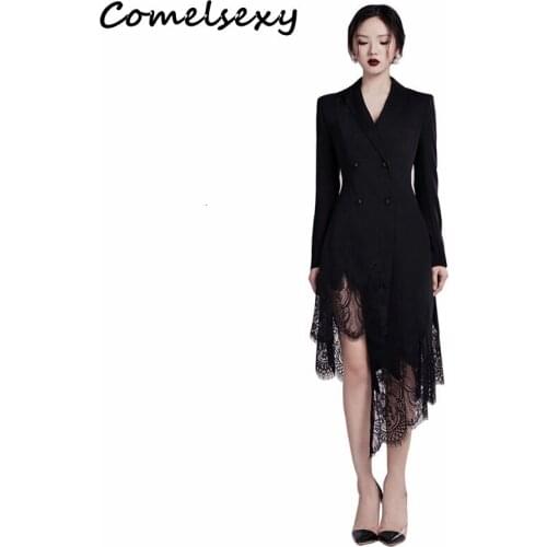 2019 New Black Suit Dress Long Sleeve Deep V Irregular Lace Hem Aymmetrical Tassel Hem Midi Dress Women Sexy Dress Vestidos