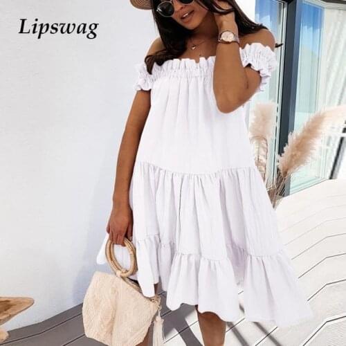 2021 Summer Slash Neck Ruffle Party Dress Women Casual Elegant Loose Mini Dress Ladies Solid Color Short Pleated Dresses Vestido