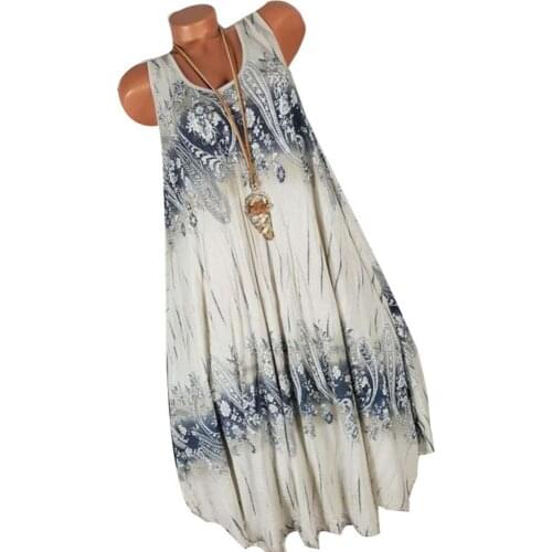 40%HOT Women Summer Floral Print Round Neck Sleeveless Loose Pleated Plus Tank Dress