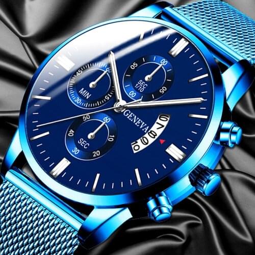 GENEVA Mens Watch Calendar Blue Stainless Steel Watches TOP Brand Luxury Belt Analog Quartz Wrist Watch Clock relogio masculino