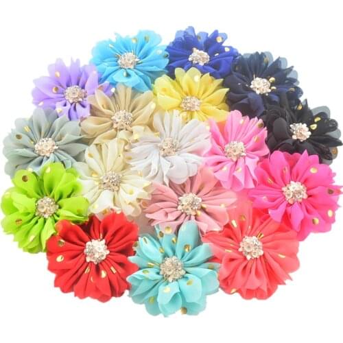60 pcs/lot , 3.15 inch Gold Polka Dot Ballerina Chiffon Flowers with Rhinestone center, DIY Scalloped Ballerina Flowers
