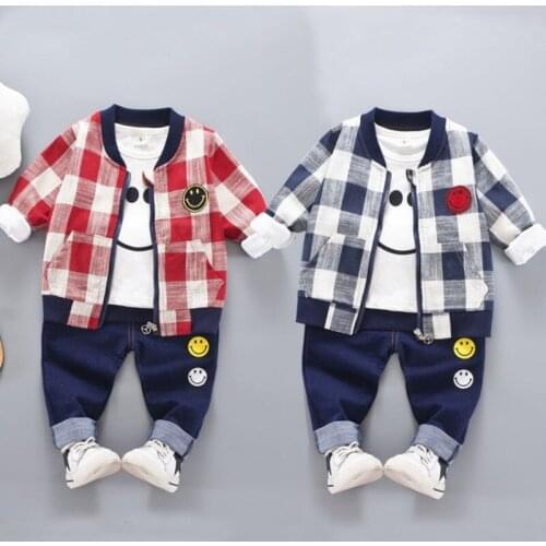Baby clothes three-piece baby boy cartoon plaid cotton sweater in spring and autumn boys smiley face sweater jeans fashion suit