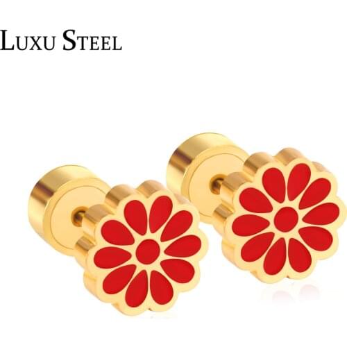 LUXUSTEEL Red Earrings 2020 Cute Style Anti-allergy Stainless Steel Screw Flower Stud Earring Fashion Jewelry Accesorios Mujer