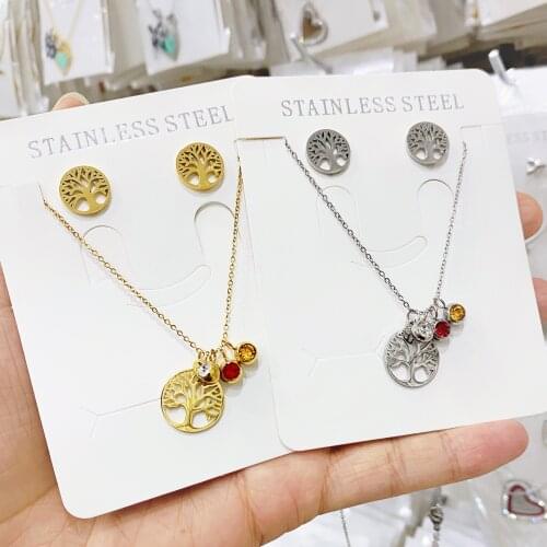 Stainless steel Set Earrings Necklace Tree of Life Pendant Necklace For Women Nature Lucky Jewelry Gold Silver Colour Necklace