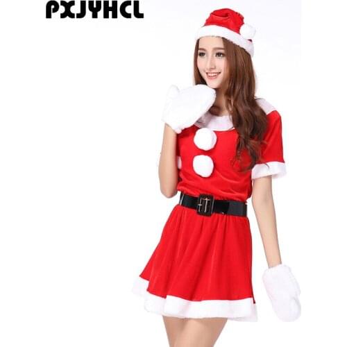 Christmas New Year Costume Onesies For Women Sexy Red Short Dresses Adult Female Party Clothes Uniform Dress Hat Gloves