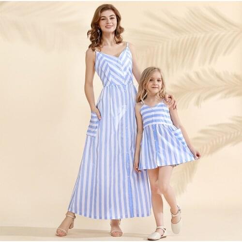 Family Matching Outfits Mommy and Daughter Same Clothes Striped Sling V-Neck Fashion Summer Dresses for Women Baby Girl Casual