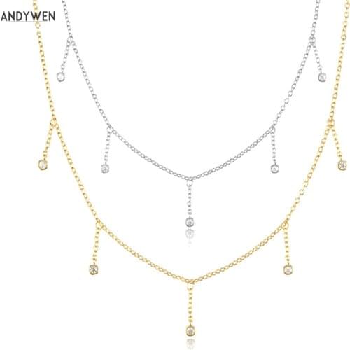 ANDYWEN 925 Sterling Silver Gold Round CZ Zircon Charm Choker Necklace Long Chain Luxury Party Rock Punk Jewelry For Women