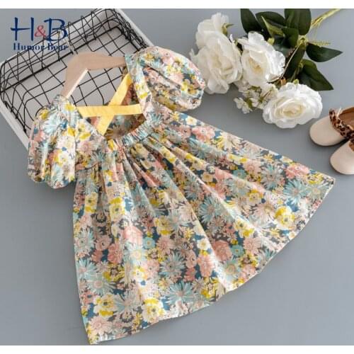 Humor Bear Girls Dress New Summer Short Sleeve Floral Printed Backless Sweet Pricess Dress Toddler Kids Clothes