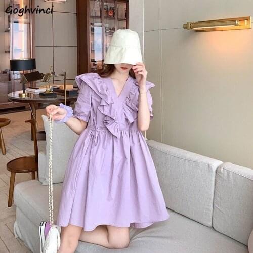 Women Short Sleeve Dress Solid V-neck Ruffles Drawstring Elastic Waist Slim 2XL Elegant Korean Style Cozy Office Lady Party Date