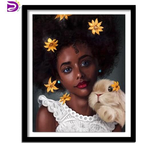 Full Square/Round Diamond Embroidery Pretty African Black Girl 5D Diamond Painting Cross Stitch Animal Rabbit Flower Mosaic Kit