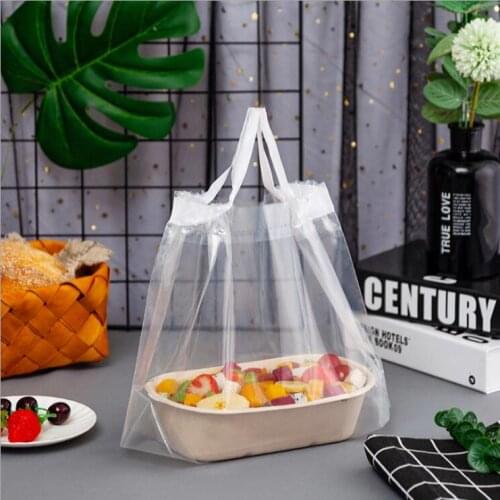 Transparent Plastic Drawstring Bag 50pcs New Takeaway Food Packaging Plastic Bag Salad Cake Storage Bag With Handle