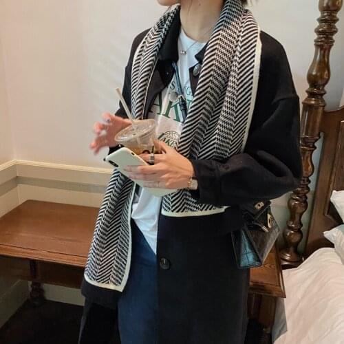 Luna&Dolphin Balck Series Houndstooth Pattern Scarf Jacquard Wave Strip Flower Dot Neckerchief Warm Woolen Ins Pashmina Shawl