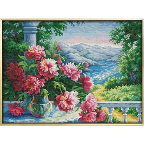 Vase With Distant Mountains Counted Cross Stitch Kits Printed Canvas Embroidery Set 11CT 14CT DIY Embroidery Handmade Needlework