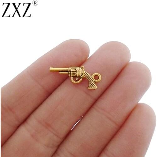 ZXZ 30pcs Antique Gold Tone Revolver Hand Gun Pistol 3D Charms Pendants Beads Double Sided for Jewelry Making Findings 20x10mm
