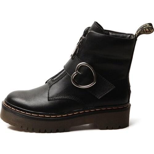 Thick Bottom Genuine Leather Martin Boots Side Zip British Womens Winter Warm Boots Muffin Bottom Lace up Tooling Boots