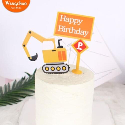 Road Signs Excavator Theme Happy Birthday Cake Topper Kids Favorite Decoration Boy Party Supplies Cake DIY Cupcake Topper