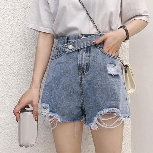 Casual Women High Waist Loose Fit Wide Leg Hem Ripped Denim Jeans Shorts Jeans Shorts Jeans Shorts